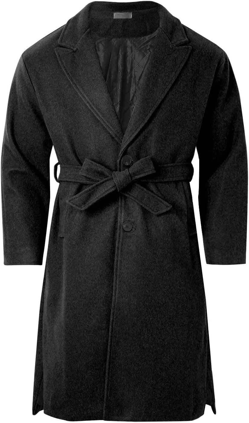 Men's Casual Trench Coat Slim Fit Notched Collar Long Jacket Overcoat Single Breasted Mid Long Pea Coat Wih Pockets
