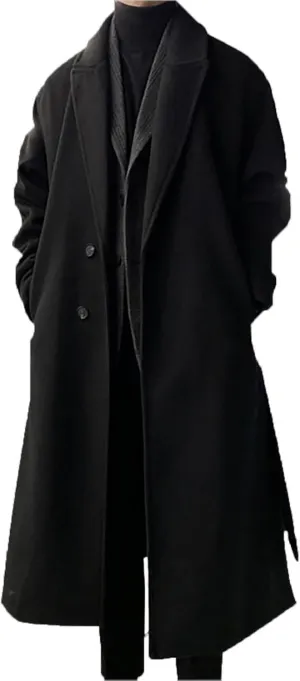 Men's Casual Trench Coat Slim Fit Notched Collar Long Jacket Overcoat Single Breasted Mid Long Pea Coat Wih Pockets