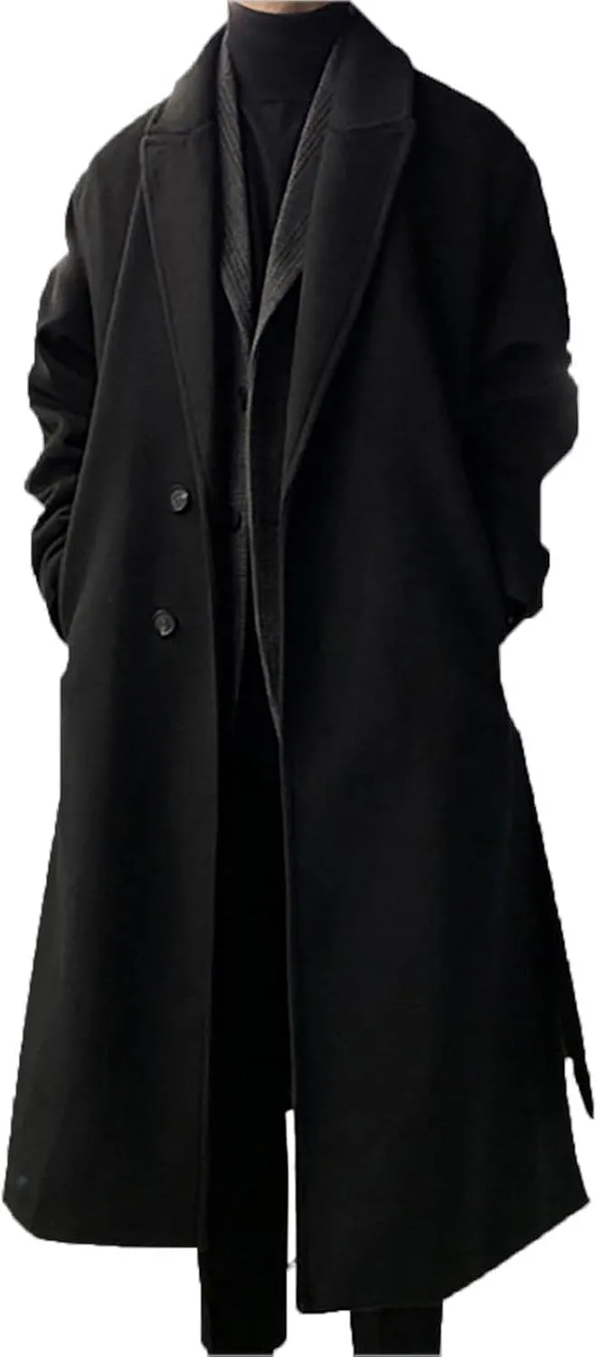 Men's Casual Trench Coat Slim Fit Notched Collar Long Jacket Overcoat Single Breasted Mid Long Pea Coat Wih Pockets