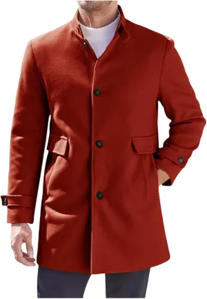 Men's Casual Trench Coat Slim Fit Notched Collar Long Jacket Overcoat Single Breasted Mid Long Pea Coat Wih Pockets