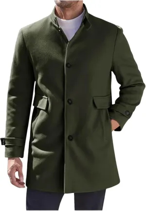 Men's Casual Trench Coat Slim Fit Notched Collar Long Jacket Overcoat Single Breasted Winter Pea Coat Wih Pockets
