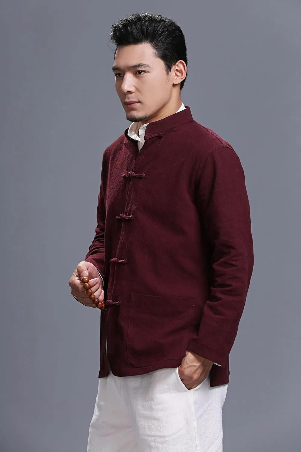 Men's Chinese Linen Cotton Blouse Shirts Long Sleeve Frog-Button Jacket Shirt Tai Chi Kung Fu Shirts with Pocket
