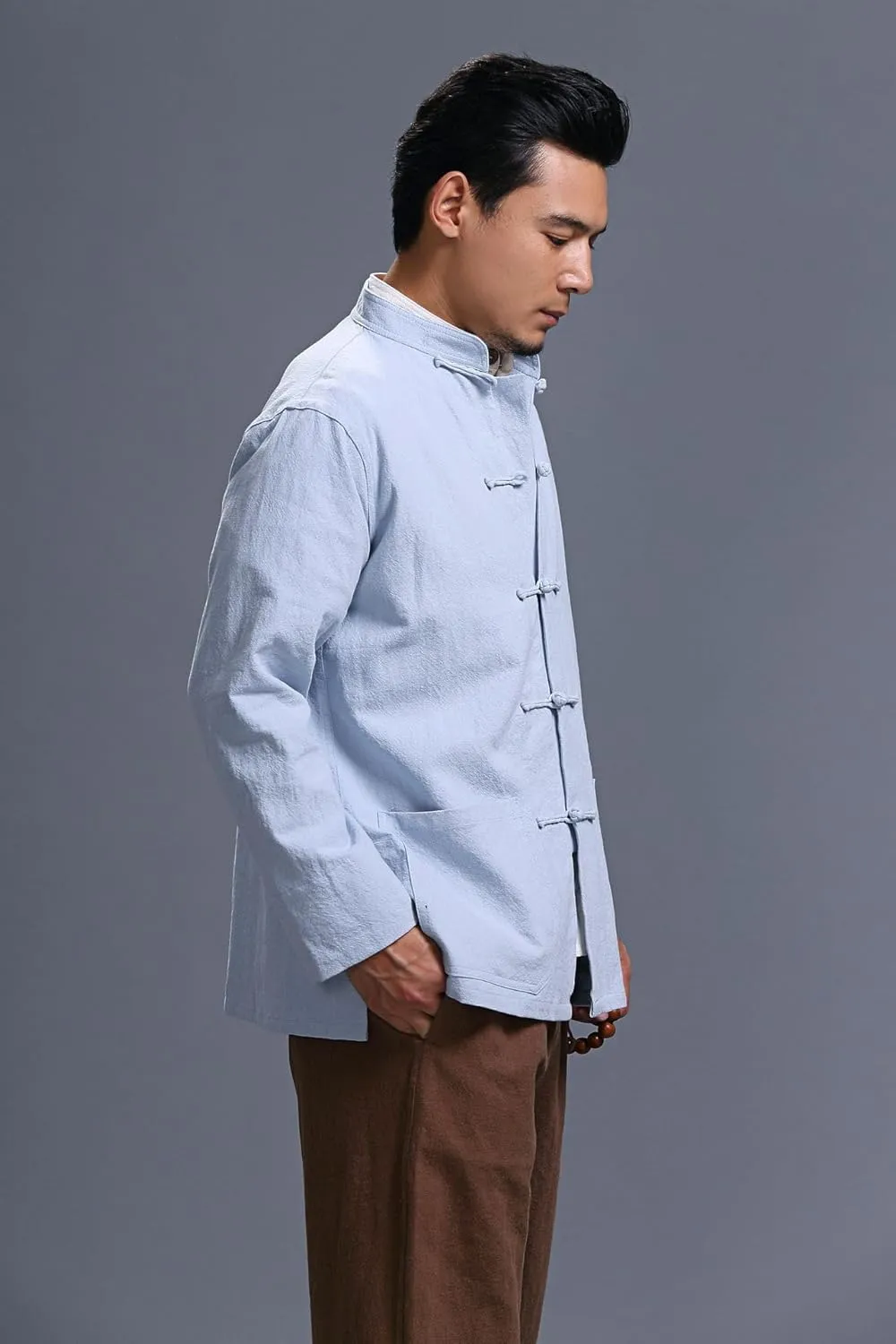 Men's Chinese Linen Cotton Blouse Shirts Long Sleeve Frog-Button Jacket Shirt Tai Chi Kung Fu Shirts with Pocket