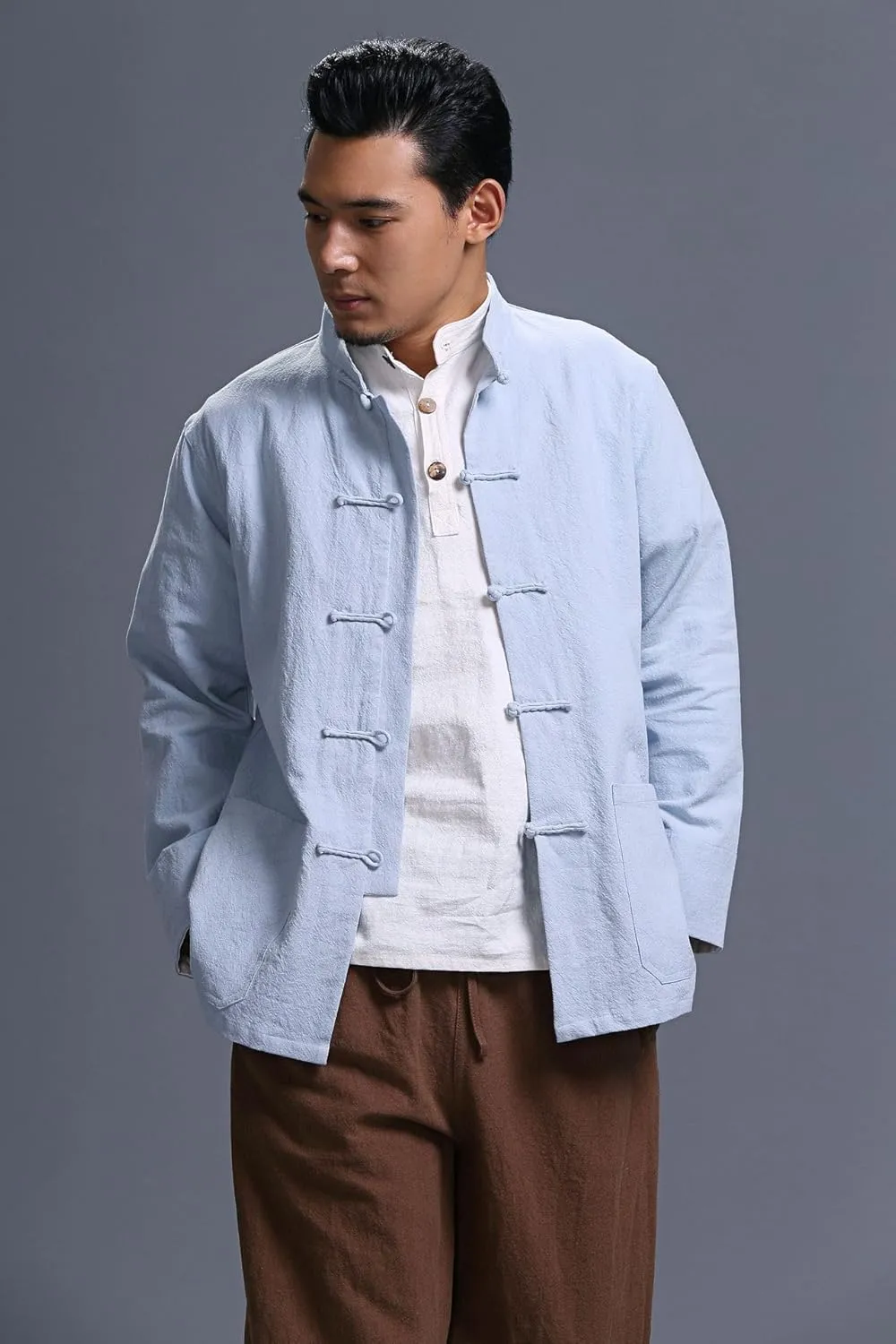 Men's Chinese Linen Cotton Blouse Shirts Long Sleeve Frog-Button Jacket Shirt Tai Chi Kung Fu Shirts with Pocket