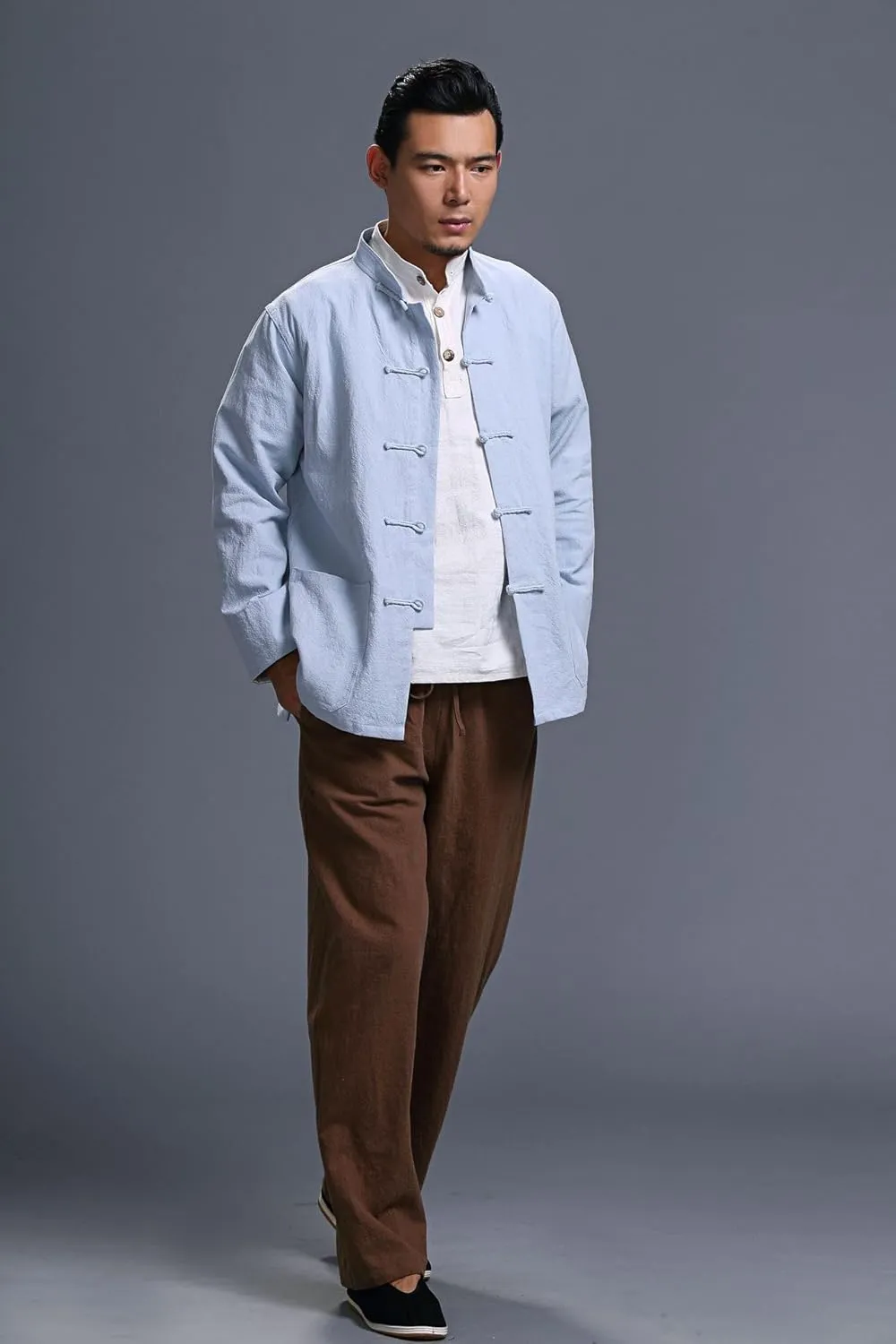 Men's Chinese Linen Cotton Blouse Shirts Long Sleeve Frog-Button Jacket Shirt Tai Chi Kung Fu Shirts with Pocket