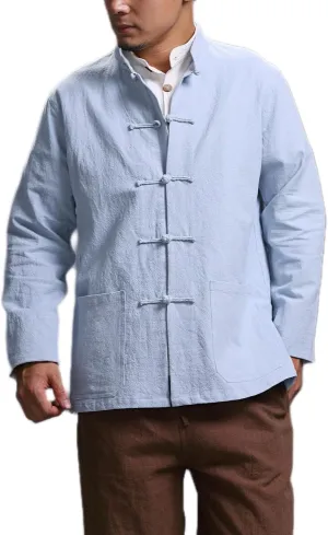 Men's Chinese Linen Cotton Blouse Shirts Long Sleeve Frog-Button Jacket Shirt Tai Chi Kung Fu Shirts with Pocket