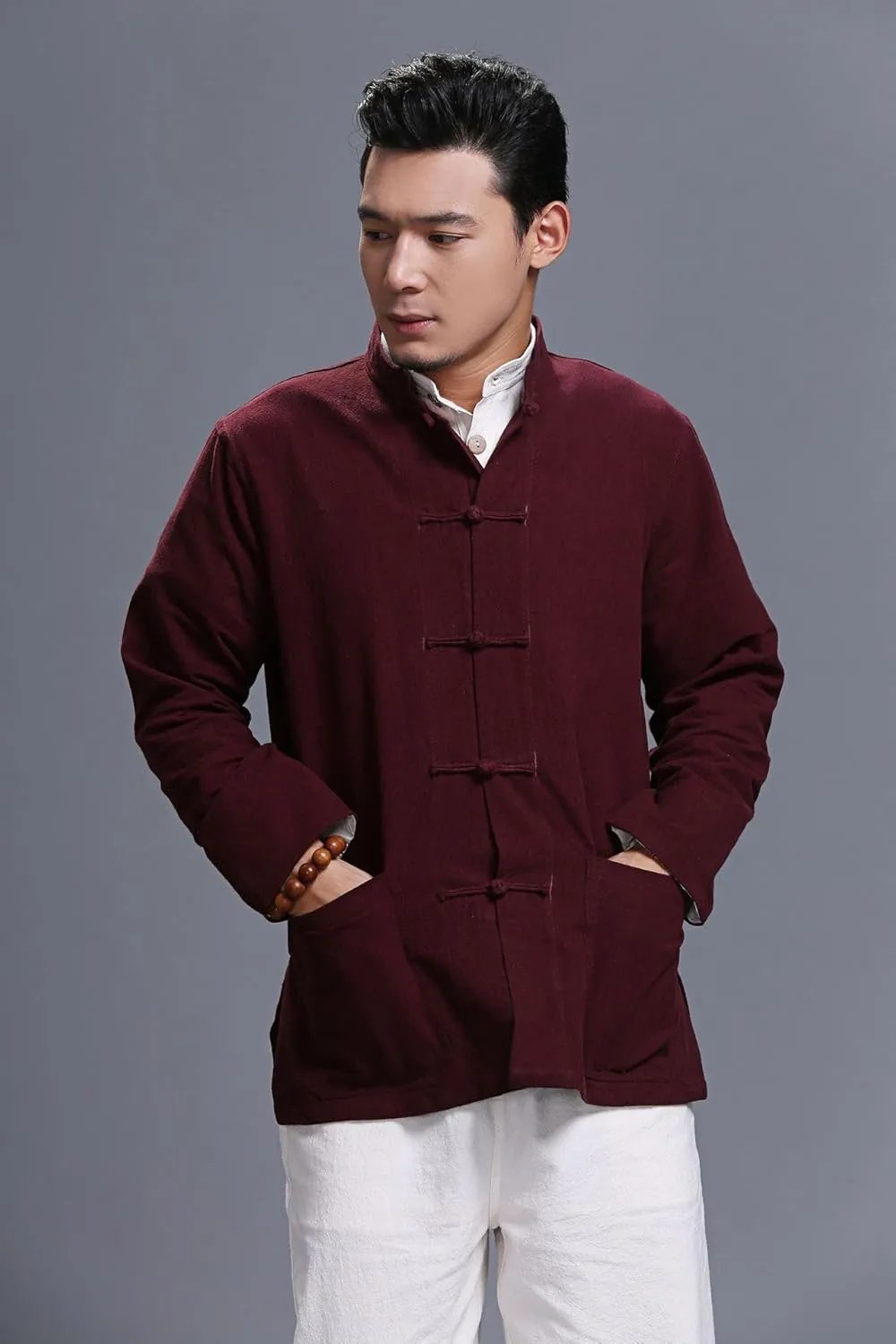 Men's Chinese Linen Cotton Blouse Shirts Long Sleeve Frog-Button Jacket Shirt Tai Chi Kung Fu Shirts with Pocket