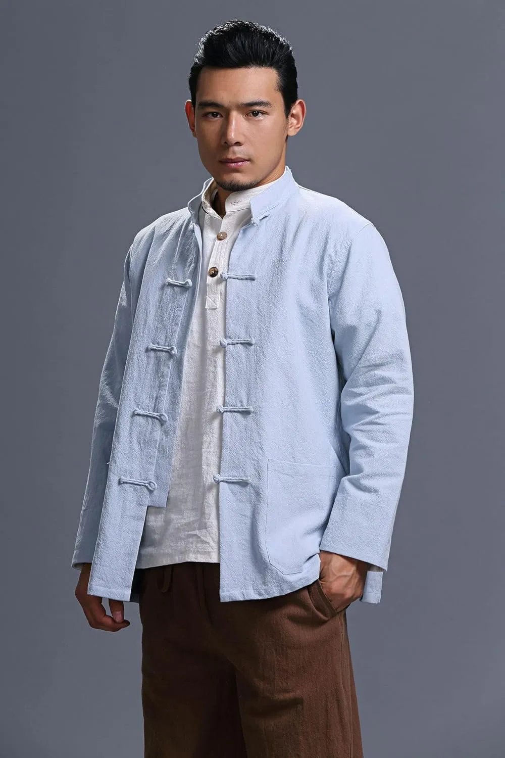 Men's Chinese Linen Cotton Blouse Shirts Long Sleeve Frog-Button Jacket Shirt Tai Chi Kung Fu Shirts with Pocket