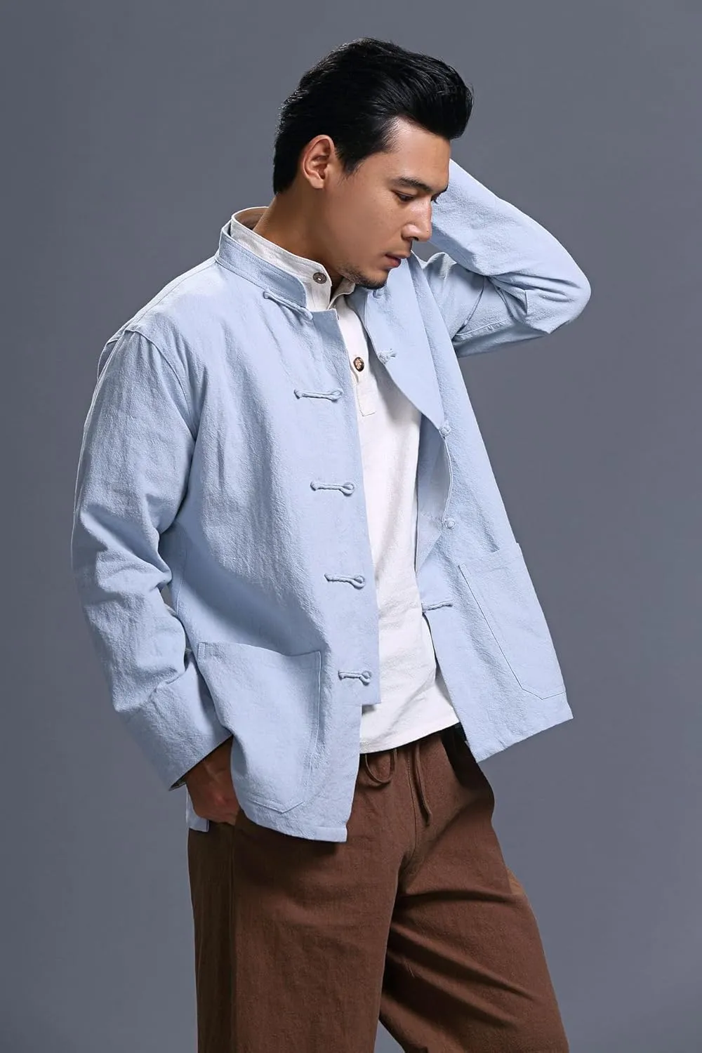 Men's Chinese Linen Cotton Blouse Shirts Long Sleeve Frog-Button Jacket Shirt Tai Chi Kung Fu Shirts with Pocket