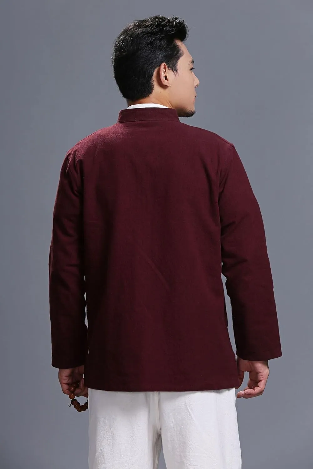 Men's Chinese Linen Cotton Blouse Shirts Long Sleeve Frog-Button Jacket Shirt Tai Chi Kung Fu Shirts with Pocket