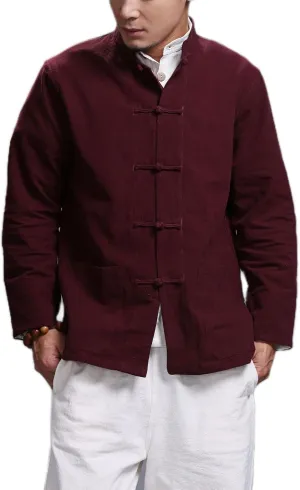 Men's Chinese Linen Cotton Blouse Shirts Long Sleeve Frog-Button Jacket Shirt Tai Chi Kung Fu Shirts with Pocket