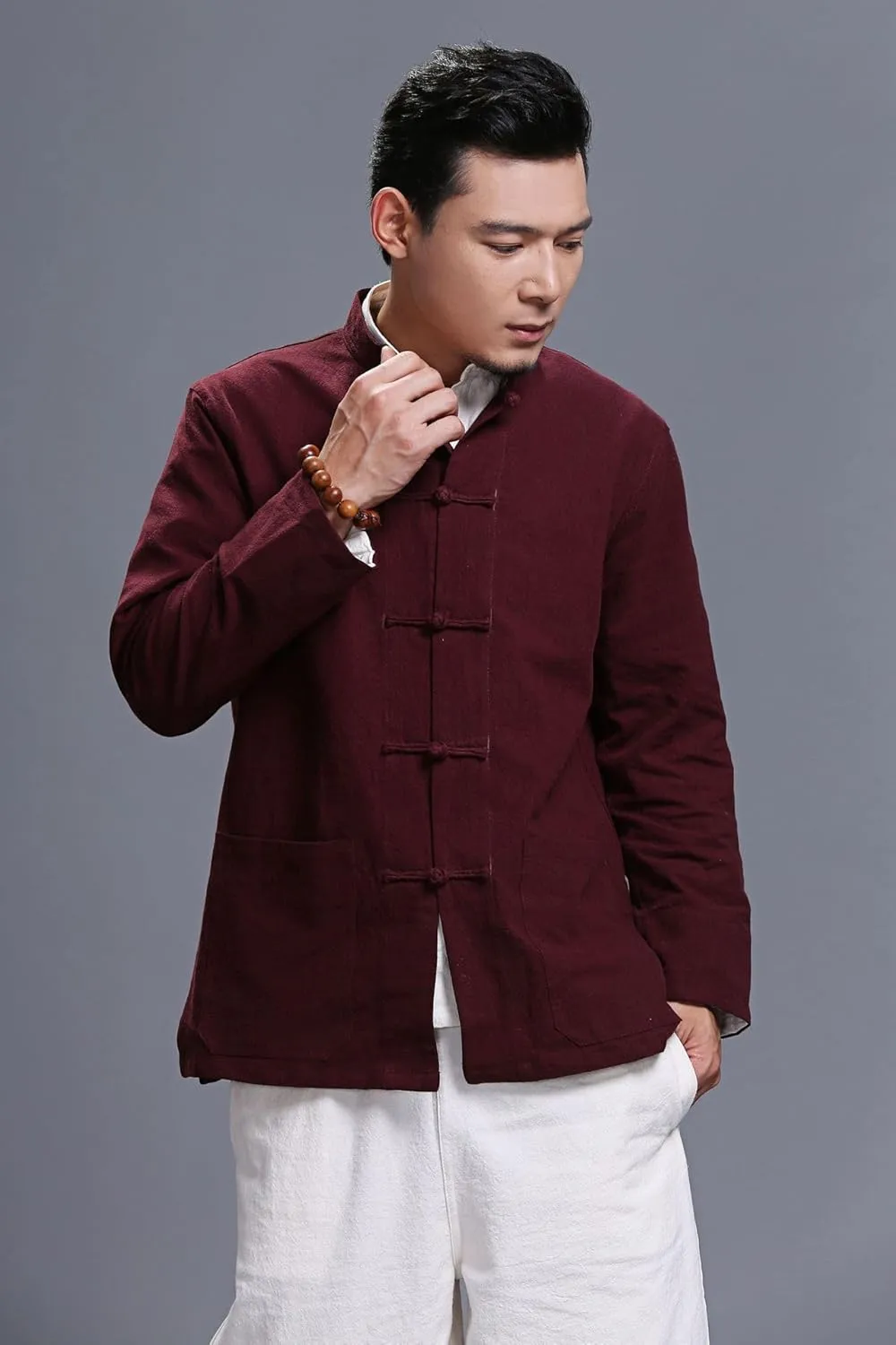 Men's Chinese Linen Cotton Blouse Shirts Long Sleeve Frog-Button Jacket Shirt Tai Chi Kung Fu Shirts with Pocket