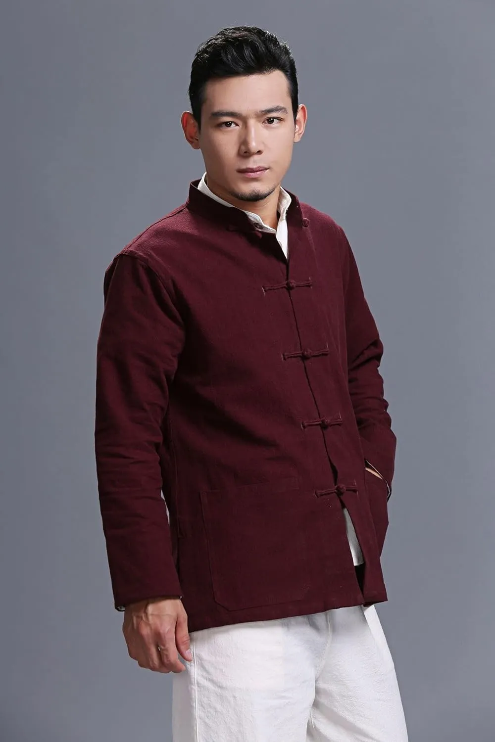 Men's Chinese Linen Cotton Blouse Shirts Long Sleeve Frog-Button Jacket Shirt Tai Chi Kung Fu Shirts with Pocket
