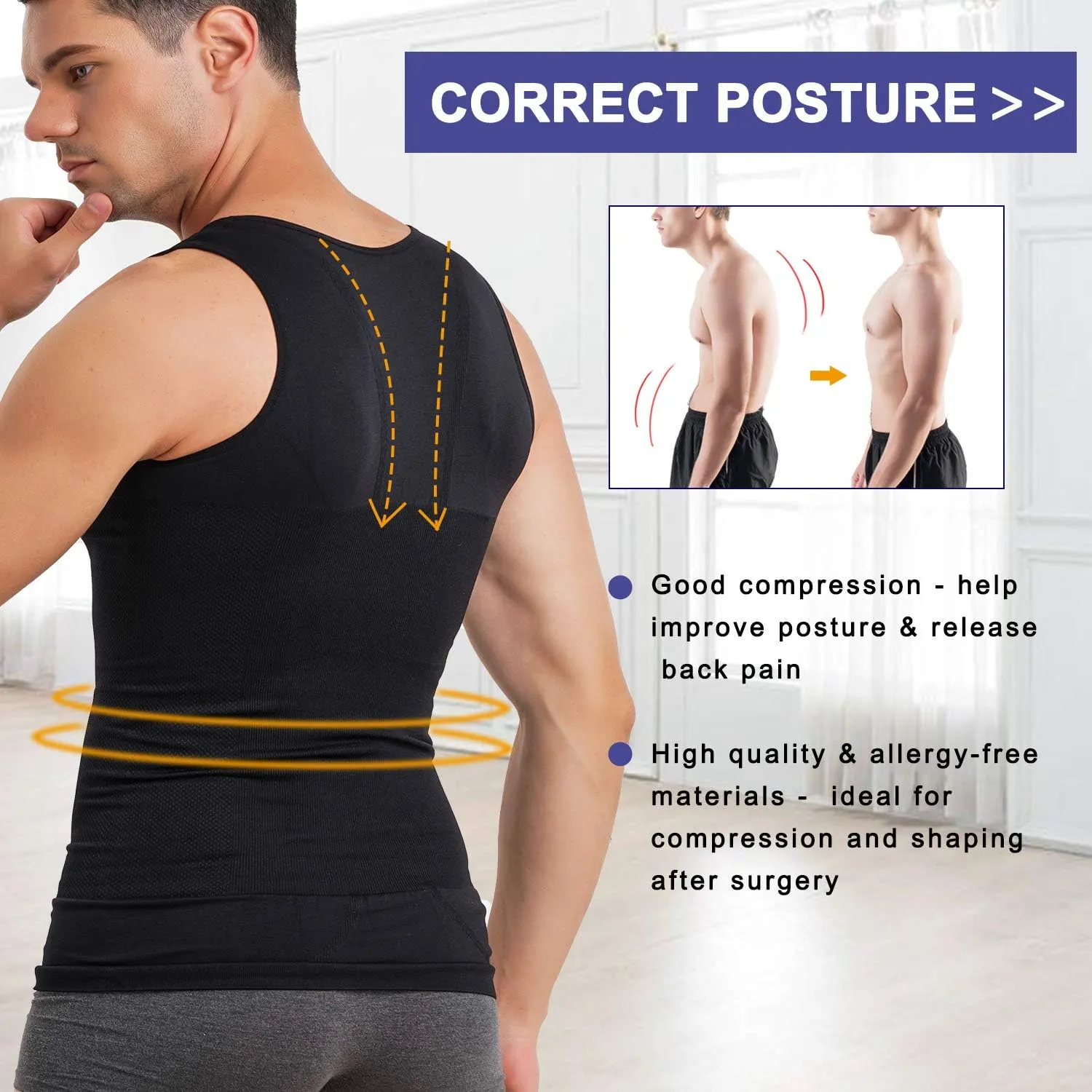 Mens Compression Shirt Slimming Body Shaper Vest Sleeveless Waist Trainer Workout Tank Top Tummy Control Shapewear