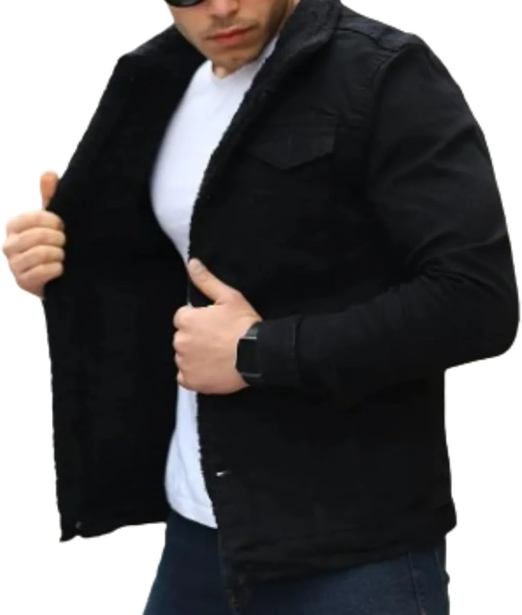 Mens Denim Jacket with Sherpa Lining, Classic Jean shearling jacket, trucker denim jacket sherpa lined