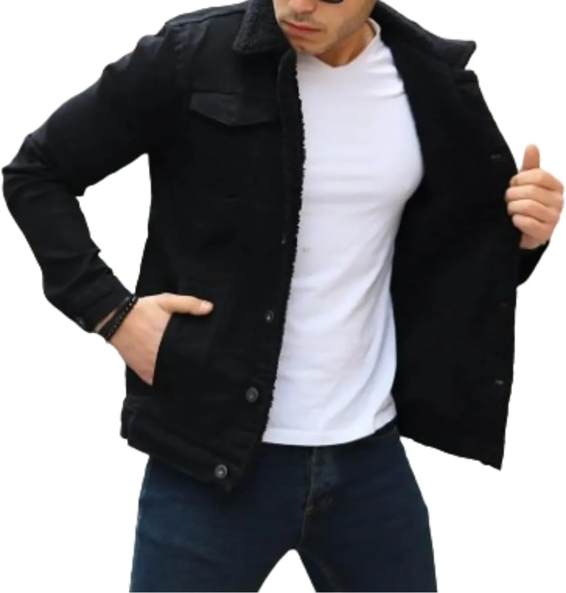 Mens Denim Jacket with Sherpa Lining, Classic Jean shearling jacket, trucker denim jacket sherpa lined