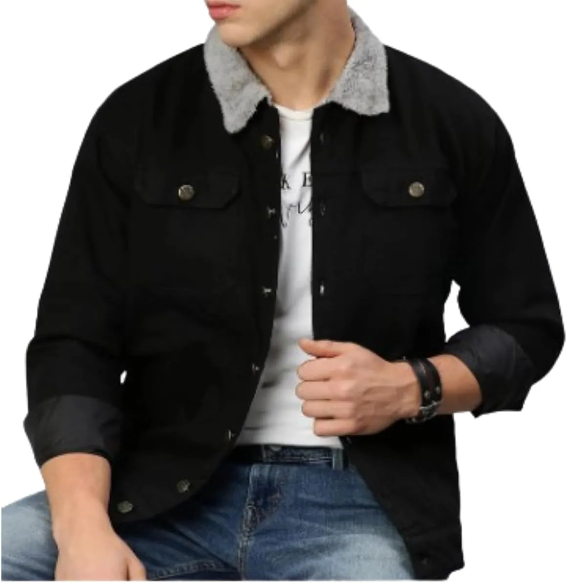 Mens Denim Jacket with Sherpa Lining, Classic Jean shearling jacket, trucker denim jacket sherpa lined