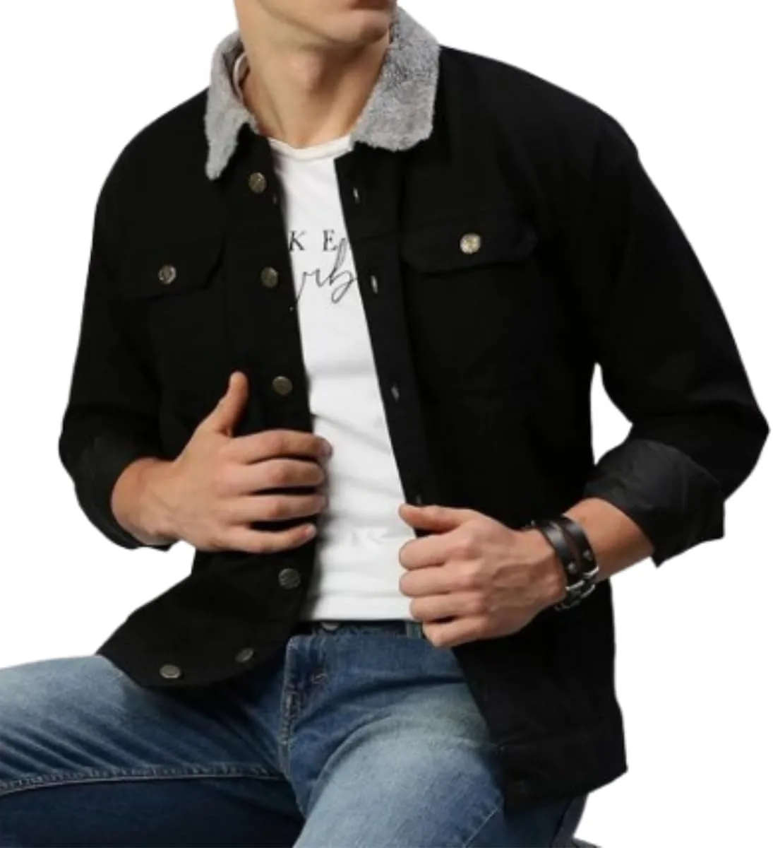 Mens Denim Jacket with Sherpa Lining, Classic Jean shearling jacket, trucker denim jacket sherpa lined