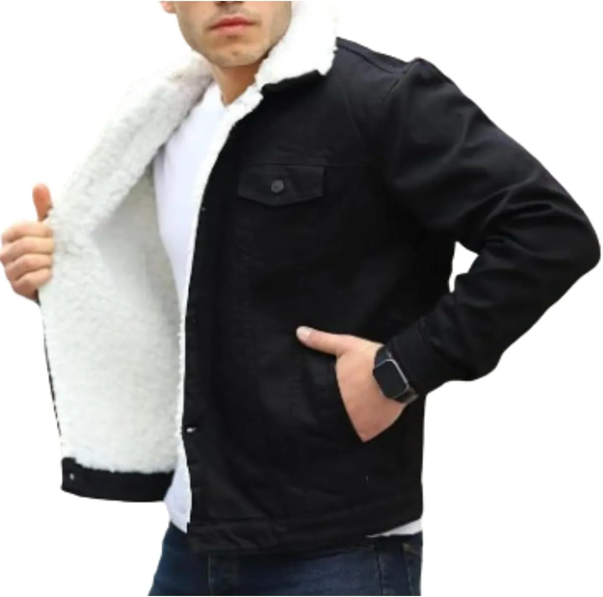 Mens Denim Jacket with Sherpa Lining, Classic Jean shearling jacket, trucker denim jacket sherpa lined