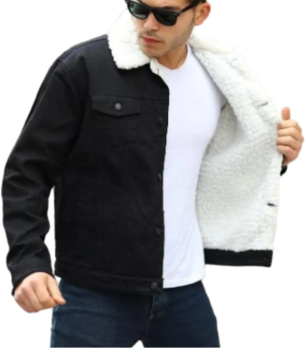 Mens Denim Jacket with Sherpa Lining, Classic Jean shearling jacket, trucker denim jacket sherpa lined