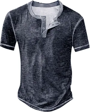 Mens Distressed Henley Shirts Vintage Color Block Waffle Plaid Short Sleeve Button T-Shirt Slim Fit Casual Shirt