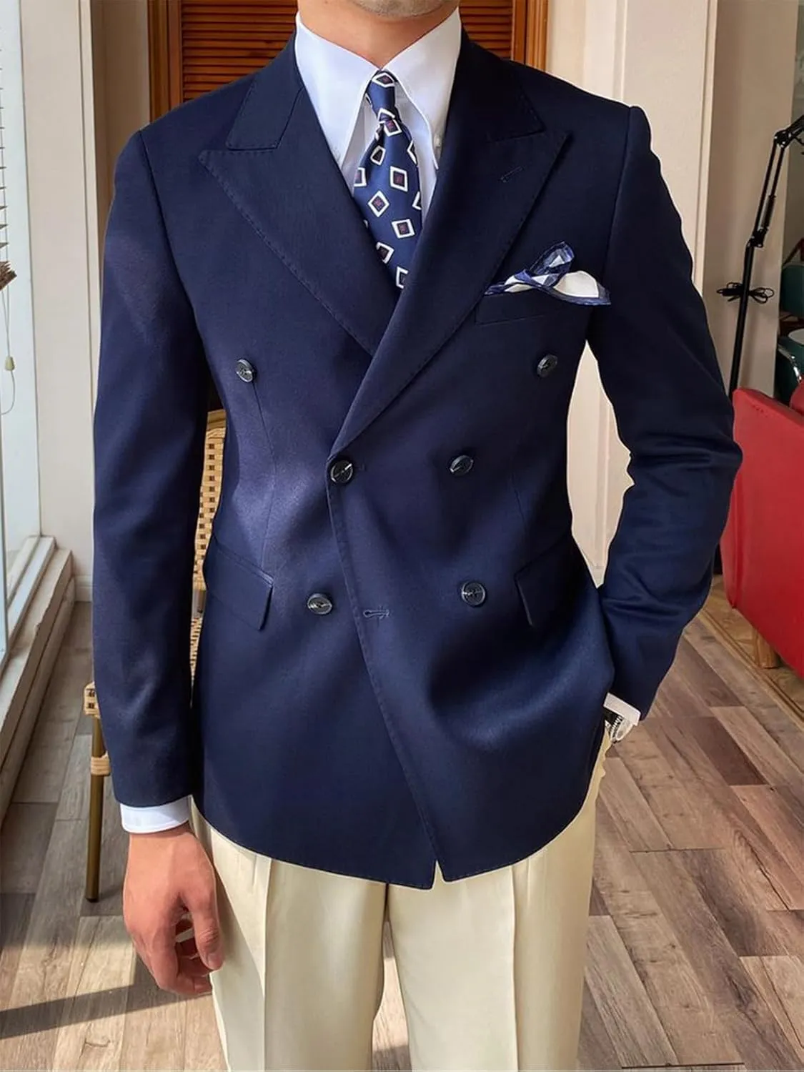 Mens Double Breasted Suit Blazer Casual Jacket for Mens Slim Fit Solid Sport Coat Jacket for Business Formal Wedding