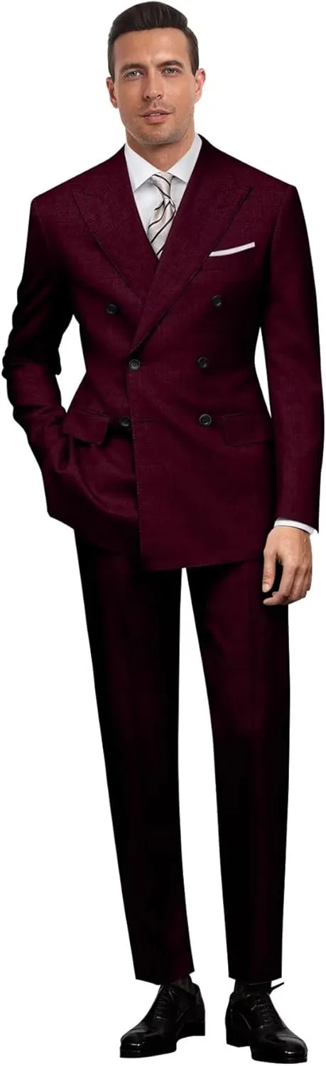 Mens Double Breasted Suit Slim Fit Solid Suit Jacket and Dress Pants 2 Piece Set Prom Wedding Suits for Men