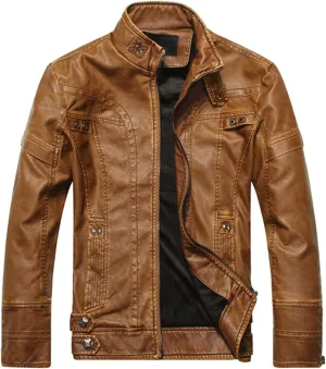 Mens Faux Leather Jacket, PU Bomber Jackets Men Motorcycle Vintage Full Zipper Long Sleeve Slim Fit Biker Jacket Coat