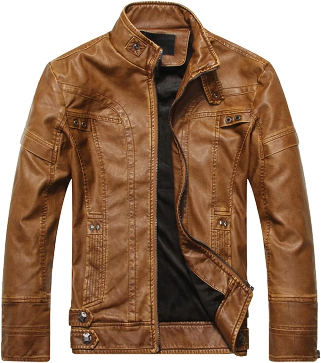 Mens Faux Leather Jacket, PU Bomber Jackets Men Motorcycle Vintage Full Zipper Long Sleeve Slim Fit Biker Jacket Coat