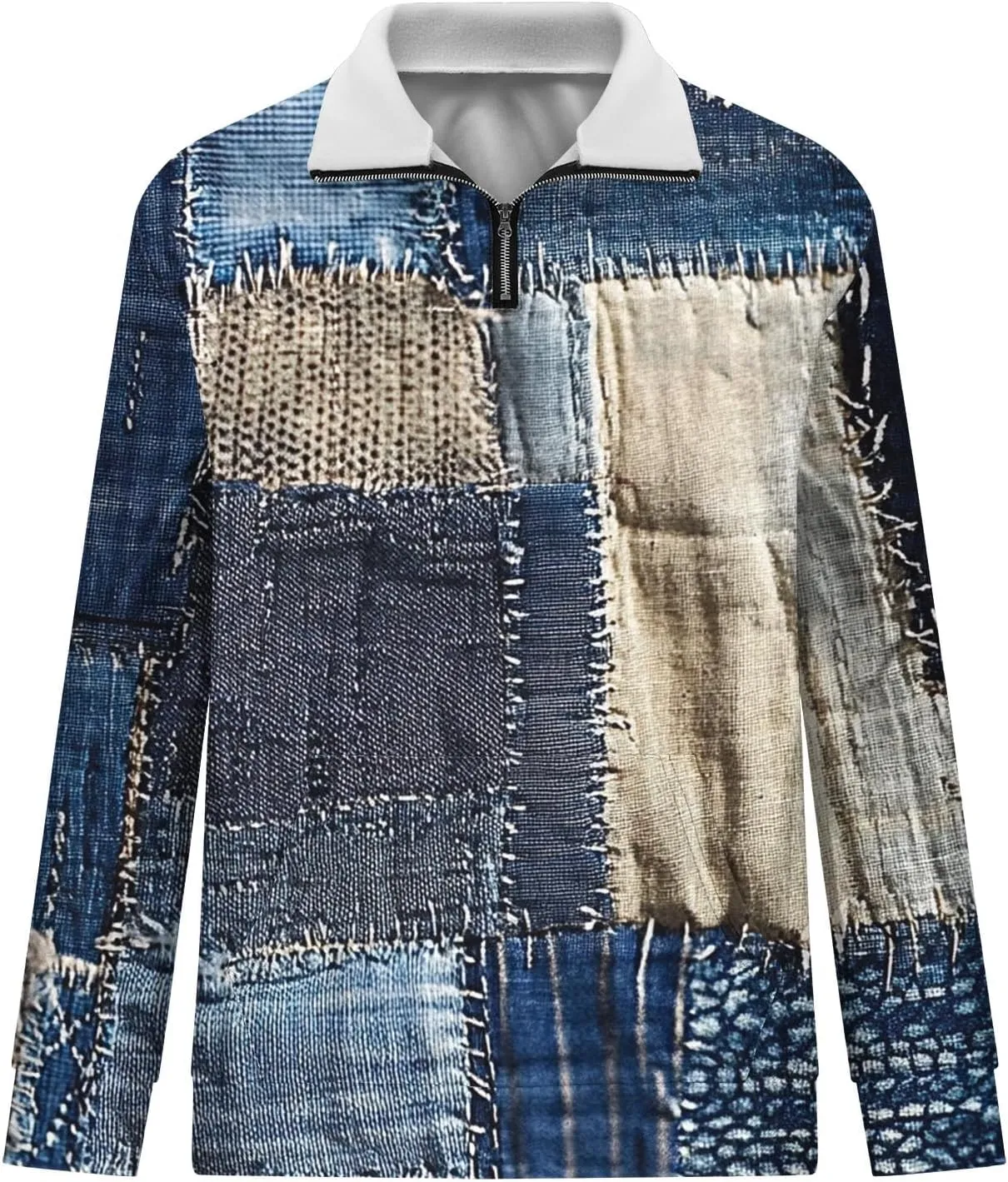 Mens Half Zip Pullover Lightweight Stand Collar Long Sleeve Sweatshirts Men Fall Clothing Vintage Denim Printed Top