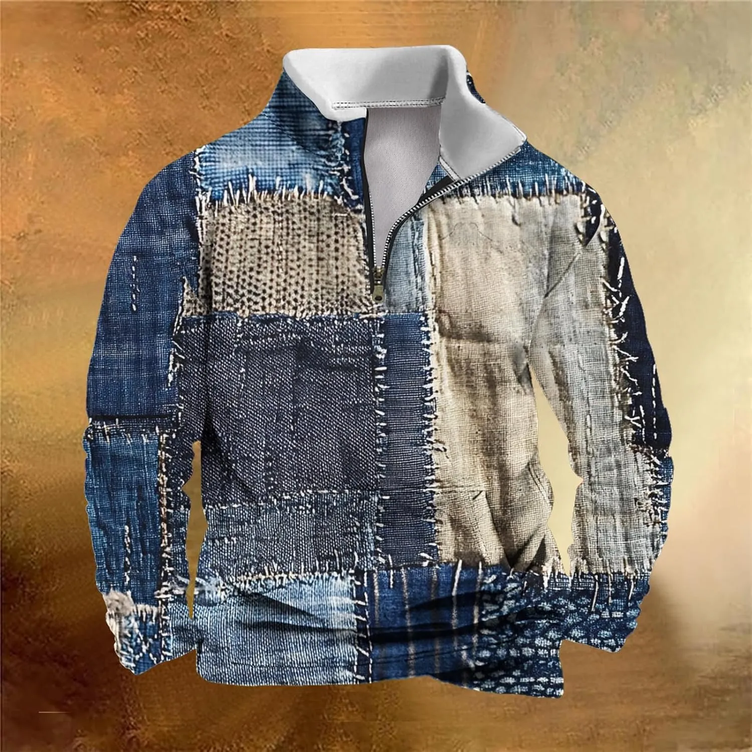 Mens Half Zip Pullover Lightweight Stand Collar Long Sleeve Sweatshirts Men Fall Clothing Vintage Denim Printed Top