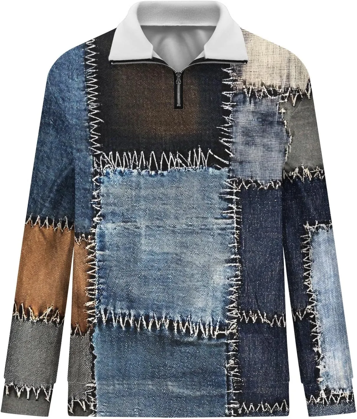 Mens Half Zip Pullover Lightweight Stand Collar Long Sleeve Sweatshirts Men Fall Clothing Vintage Denim Printed Top