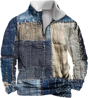 Mens Half Zip Pullover Lightweight Stand Collar Long Sleeve Sweatshirts Men Fall Clothing Vintage Denim Printed Top