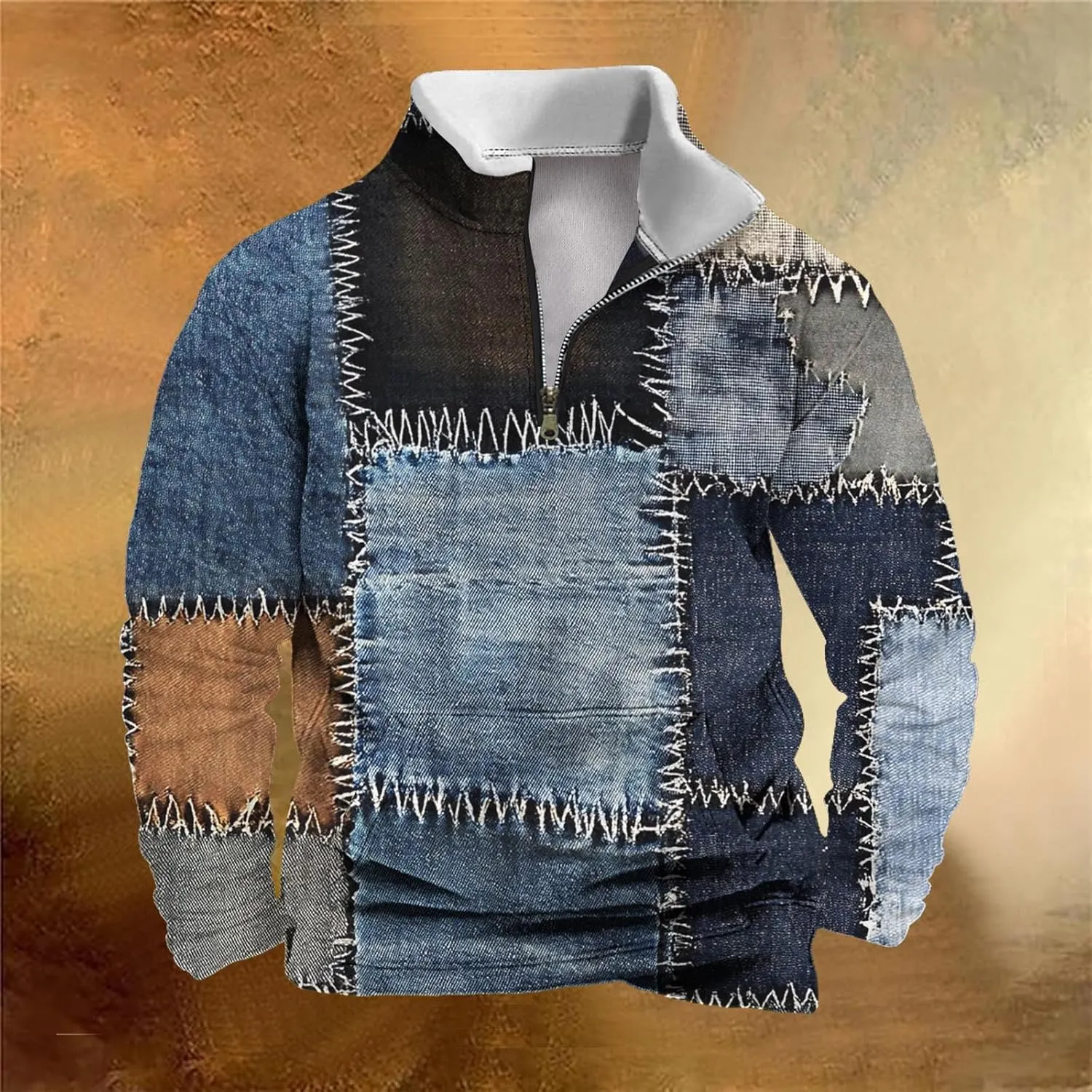 Mens Half Zip Pullover Lightweight Stand Collar Long Sleeve Sweatshirts Men Fall Clothing Vintage Denim Printed Top