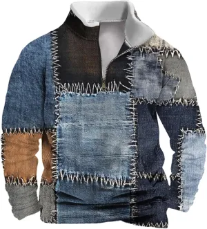 Mens Half Zip Pullover Lightweight Stand Collar Long Sleeve Sweatshirts Men Fall Clothing Vintage Denim Printed Top