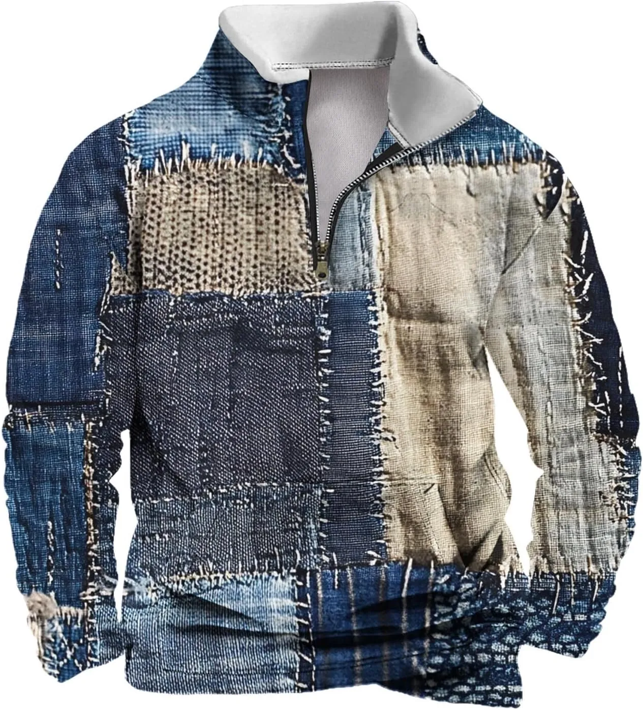 Mens Half Zip Pullover Lightweight Stand Collar Long Sleeve Sweatshirts Men Fall Clothing Vintage Denim Printed Top