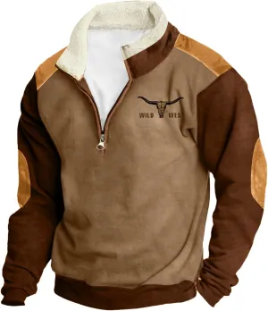 Mens Half Zip Sweatshirt Color Block Long Raglan Sleeve Bull Graphic Hoodless Jackets Pullover Tops Fall Winter Outfit