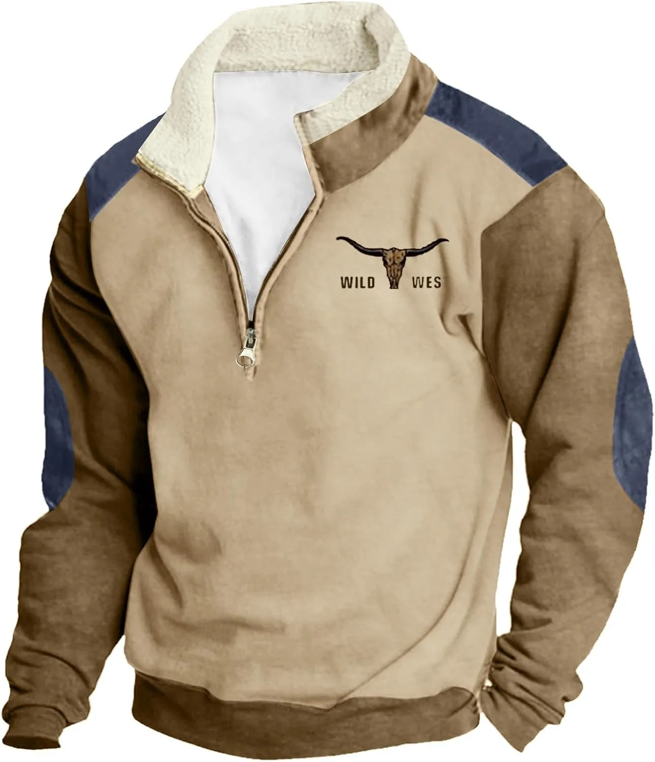 Mens Half Zip Sweatshirt Color Block Long Raglan Sleeve Bull Graphic Hoodless Jackets Pullover Tops Fall Winter Outfit
