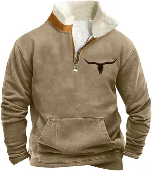 Men's Half Zip Sweatshirts Long Sleeve Bull Graphic Jackets Casual Pocket Hoodless Pullover Tops Fall Winter Outfits