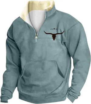 Mens Half Zip Sweatshirts Stand Collar Long Sleeve Bull Graphic Jackets Casual Pocket Pullover Tops Fall Winter Outfit