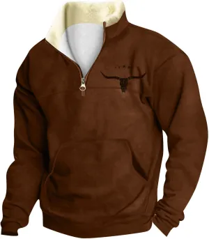 Mens Half Zip Sweatshirts Stand Collar Long Sleeve Bull Graphic Jackets Casual Pocket Pullover Tops Fall Winter Outfit