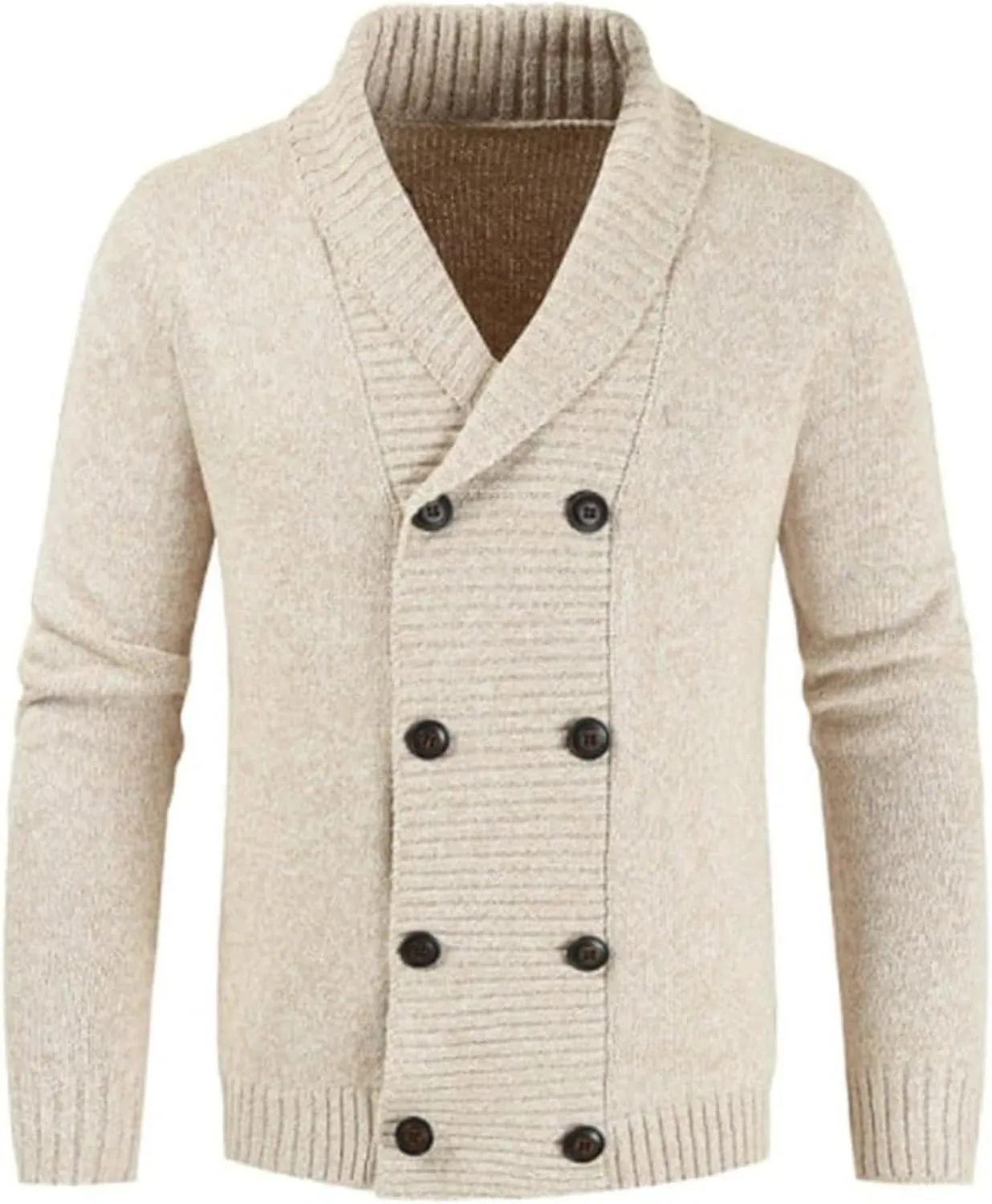 Men's Lapel Double-Breasted Knitted Cardigan Blazer Button Down Knitted Sweater Slim Fit Chunky Jumpers Outwear