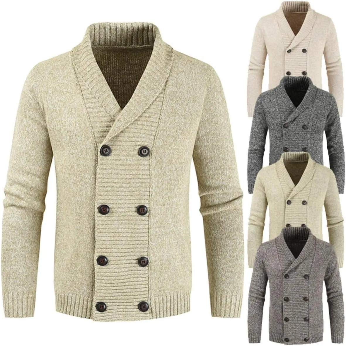 Men's Lapel Double-Breasted Knitted Cardigan Blazer Button Down Knitted Sweater Slim Fit Chunky Jumpers Outwear
