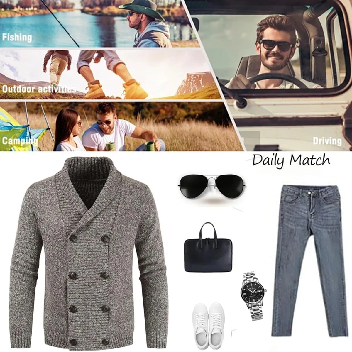 Men's Lapel Double-Breasted Knitted Cardigan Blazer Button Down Knitted Sweater Slim Fit Chunky Jumpers Outwear