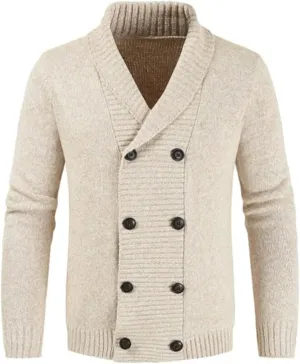 Men's Lapel Double-Breasted Knitted Cardigan Blazer Button Down Knitted Sweater Slim Fit Chunky Jumpers Outwear