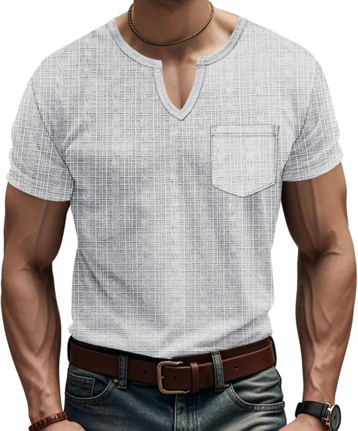 Men's Linen Henley Shirts Casual Short Sleeve V Neck Blouses Tops 2025 Summer Beach Hippie Shirts with Pocket