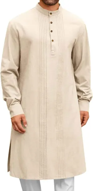 Men's Long Sleeve Stand Collar Kaftan Thobe Button Down Henley Robe Casual Side Slit Front Pleated Gown Shirt Tops