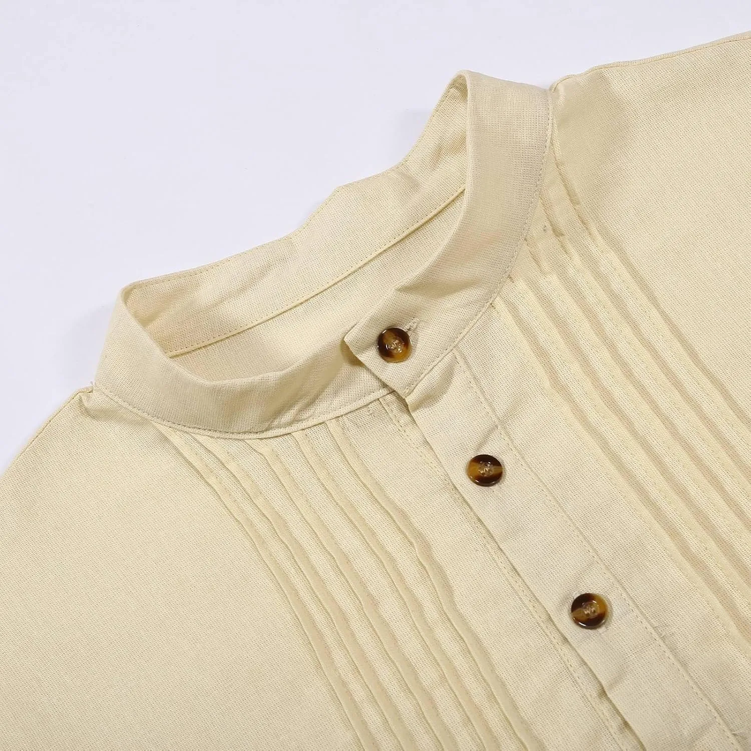 Men's Long Sleeve Stand Collar Kaftan Thobe Button Down Henley Robe Casual Side Slit Front Pleated Gown Shirt Tops