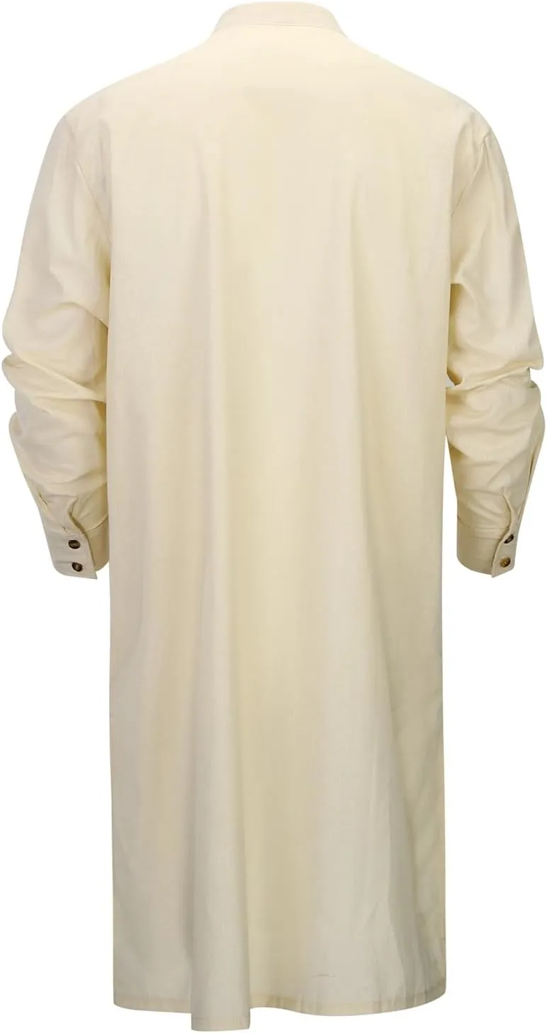 Men's Long Sleeve Stand Collar Kaftan Thobe Button Down Henley Robe Casual Side Slit Front Pleated Gown Shirt Tops