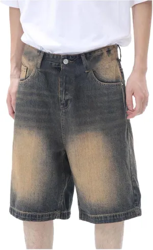Mens Loose Hip Hop Mid Jean Shorts Baggy Denim Shorts with Pockets Summer Casual Streetwear Clothes